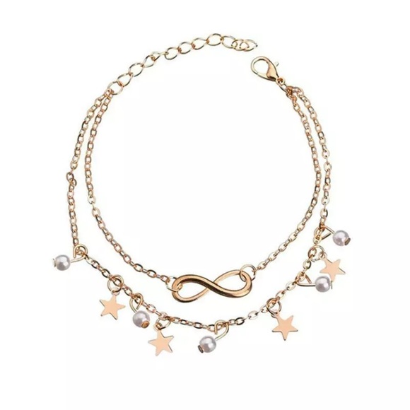 Infinity Pearl Star Boho Gold Toned Anklet - Picture 3 of 5